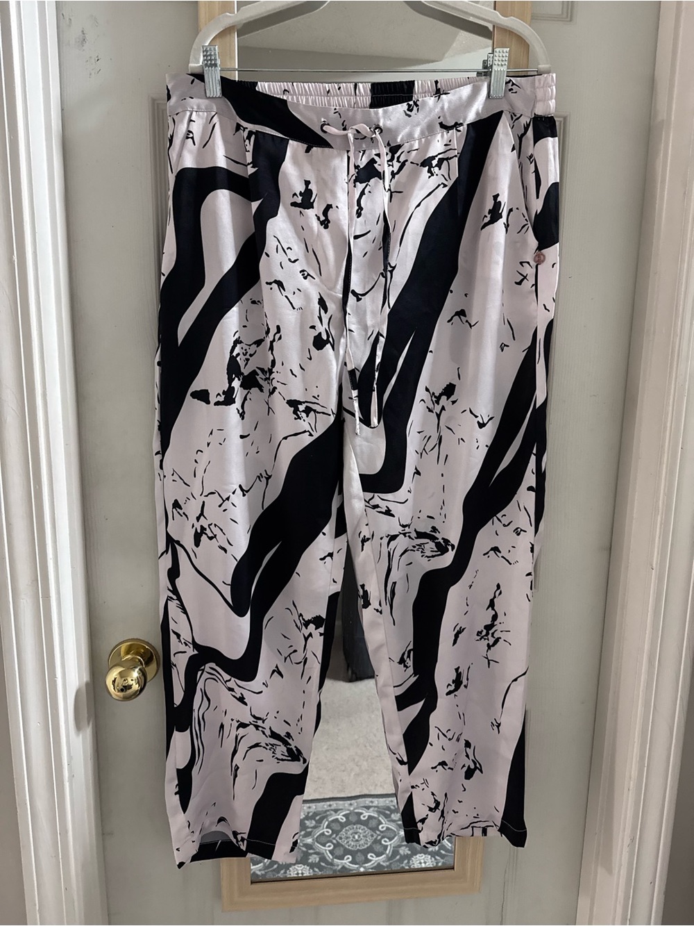 Satin Black & White Marble Print Drawstring tapered pants